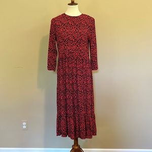 ZARA Dress Red & Black Animal Print 3/4 Length Sleeve Longer Style